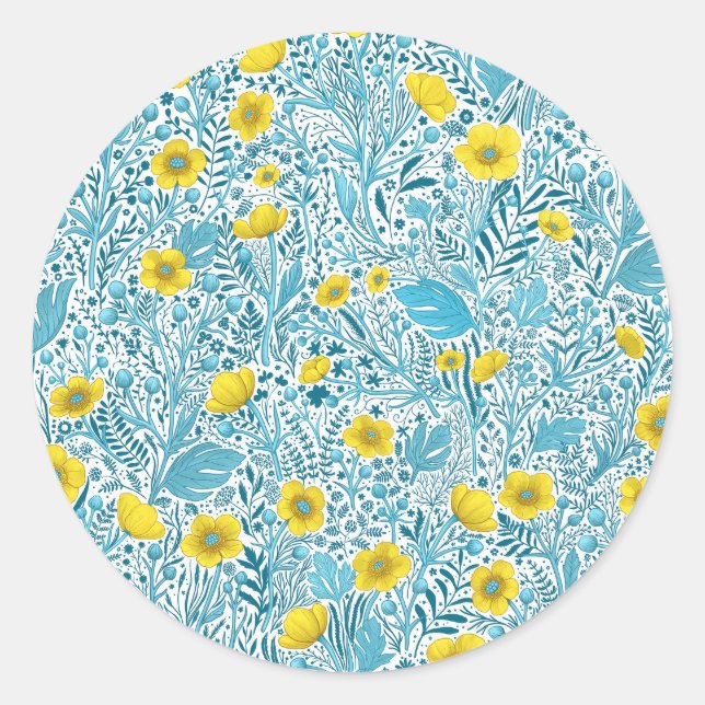 Pegatina Redonda Mariposas, amarillas, azules y blancas (Anverso)