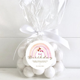 Pegatina Redonda Mariposas arcoiris Cumpleaños Pastel Rosa Gracias