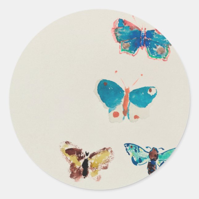 Pegatina Redonda Mariposas azul vintage color agua. Odilon Redon (Anverso)