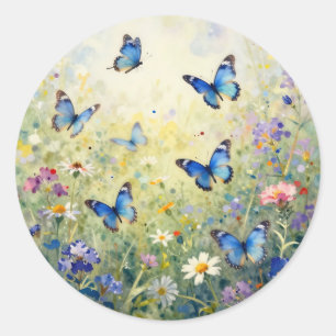 Pegatina Redonda Mariposas Azules Acuarela Prado de Flores Silvestr