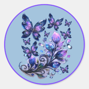 Pegatina Redonda Mariposas Azules de Destello Cósmico