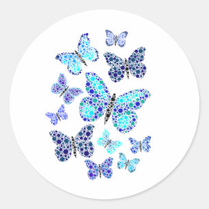 Pegatina Redonda Mariposas Azules En Puntos