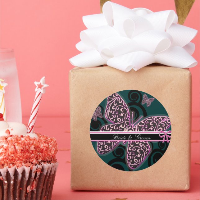 Pegatina Redonda Mariposas Bride Groom Swirl Morado Blanco Negro (Fiesta)