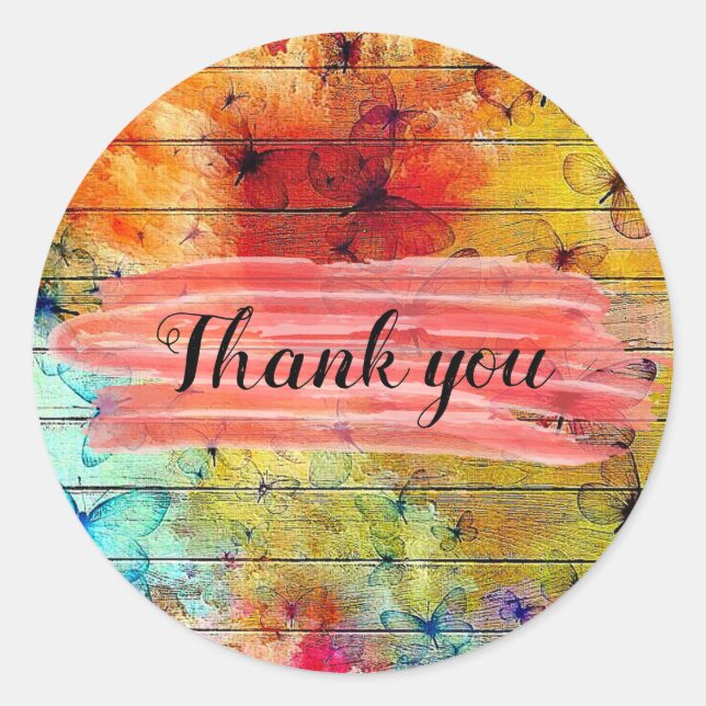 Pegatina Redonda Mariposas en una colorida madera rústica gracias (Anverso)