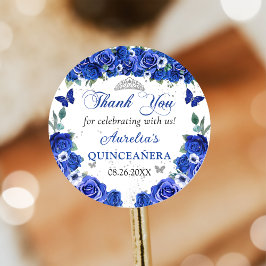 Pegatina Redonda Mariposas Florales Azules Quinceañera Princess