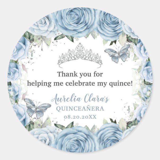 Pegatina Redonda Mariposas Florales Bebés Tiara QUINCEAÑERA (Anverso)