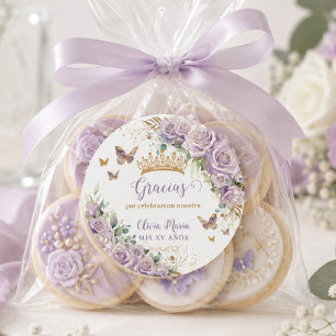 Pegatina Redonda Mariposas Florales Púrpura Lilac Quinceañera 15 16