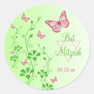 Pegatina Redonda Mariposas florales rosas y verdes Bat Mitzvah Pega
