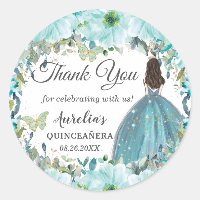 Pegatina Redonda Mariposas Florales Turquesa Azul Princesa Favor (Anverso)