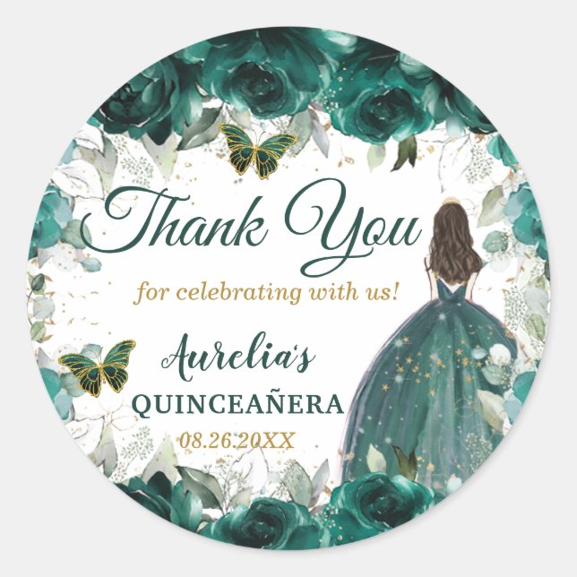 Pegatina Redonda Mariposas florales verde esmeralda Princesa Favor (Anverso)