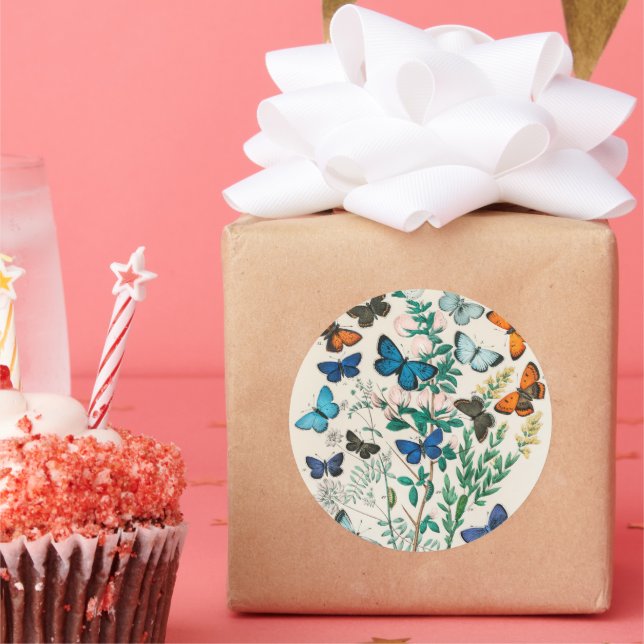 Pegatina Redonda Mariposas, ilustracion vintage, (Fiesta)