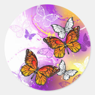Pegatina Redonda Mariposas Monarca sobre Fondo Púrpura