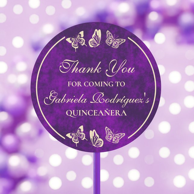 Pegatina Redonda Mariposas Purple Gold Quinceañera de 15 años (Purple Gold Butterflies 15 Years Old Quinceañera Classic Round Sticker)