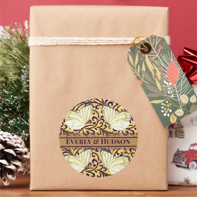 Pegatina Redonda Mariposas revolotean morado y Naranja (Vacaciones)