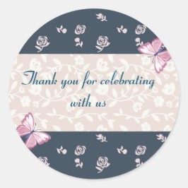 Pegatina Redonda mariposas rosa azul marino gracias