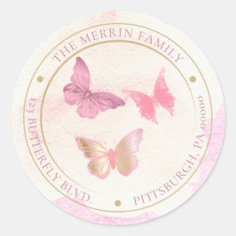 Pegatina Redonda Mariposas Rosadas Círculo Dirección de Devolución