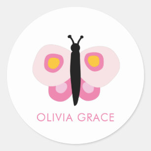 Pegatina Redonda Mariposas Rosadas Personalizadas para Niñas