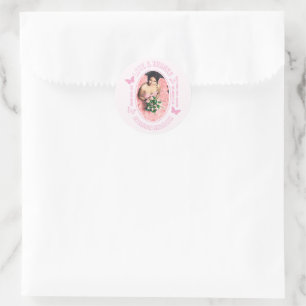 Pegatina Redonda Mariposas rosadas Quinceanera