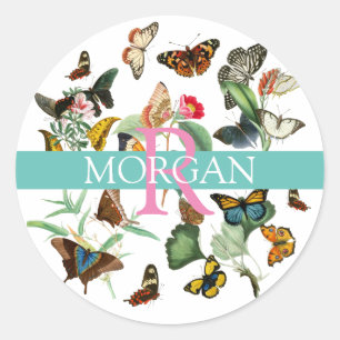 Pegatina Redonda Mariposas Vintage DIY Monograma y nombre Verde azu