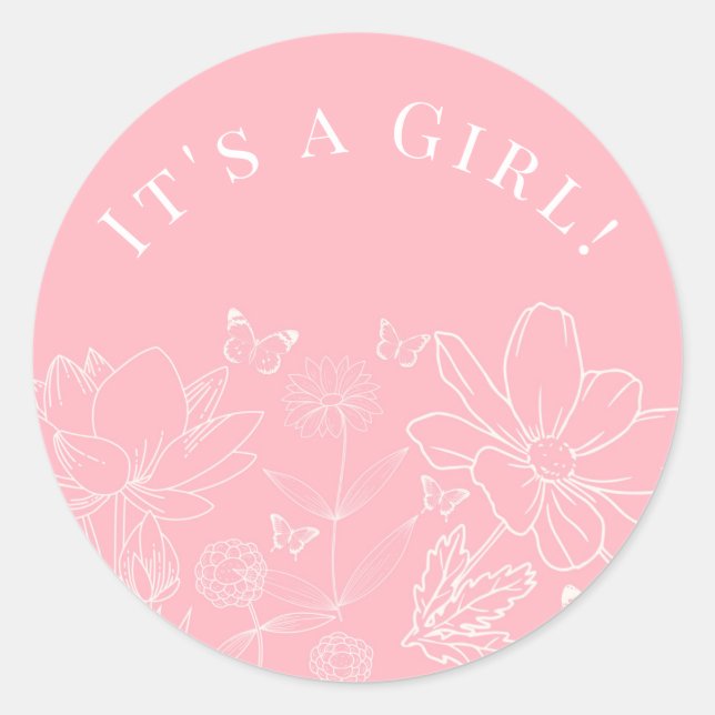 Pegatina Redonda Mariposas y Chica blanco rosado floral Baby Shower (Anverso)