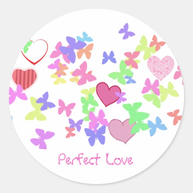 Pegatina Redonda mariposas y corazones (Anverso)