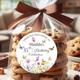 Pegatina Redonda Mariposas y flores silvestres Elegante cumpleaños