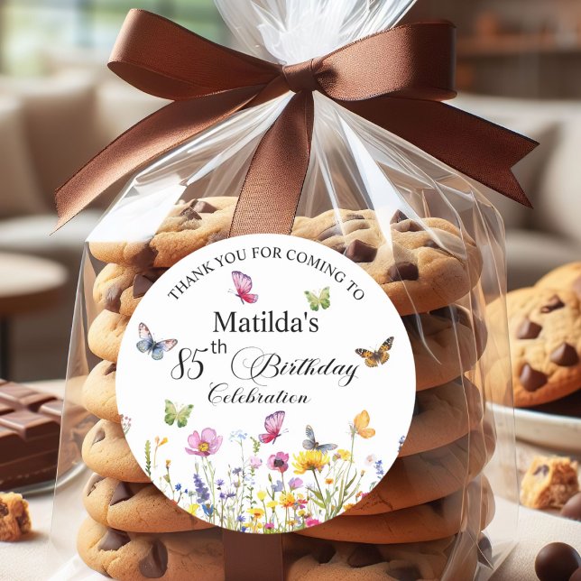 Pegatina Redonda Mariposas y flores silvestres Elegante cumpleaños  (Subido por el creador)