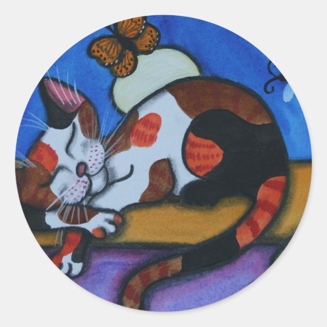 Pegatina Redonda Mariposas y libélulas de gato durmientes (Anverso)
