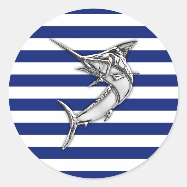 Pegatina Redonda Marlin Swordfish Chrome Style on Nautical Stripes (Anverso)