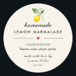 Pegatina Redonda Marmalade de limón casera Jar moderno<br><div class="desc">Ilustracion de limón color agua Etiqueta del tarro de mermelada casera con lista de ingredientes en escritura moderna sobre fondo crudo</div>