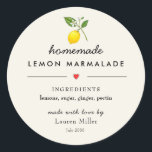 Pegatina Redonda Marmalade de limón casera Jar moderno<br><div class="desc">Ilustracion de limón color agua Etiqueta del tarro de mermelada casera con lista de ingredientes en escritura moderna sobre fondo crudo</div>