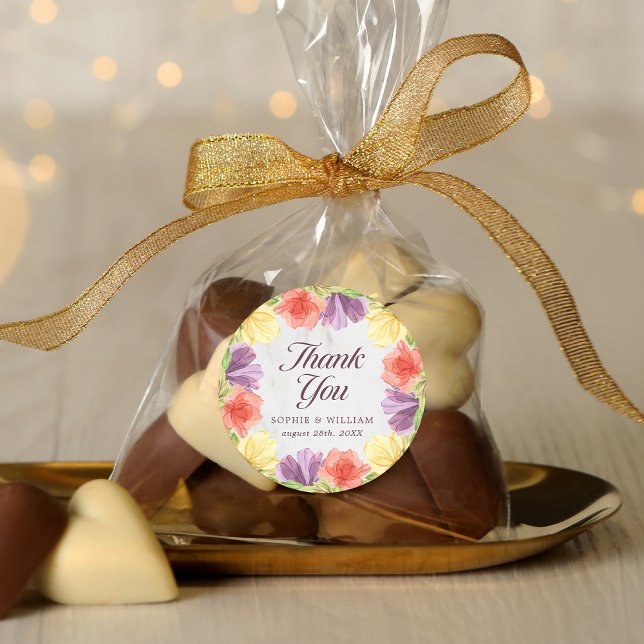 Pegatina Redonda Mármol Agradecimiento Flores Vibrantes (Subido por el creador)