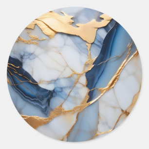 Pegatina Redonda Mármol azul y blanco con oro