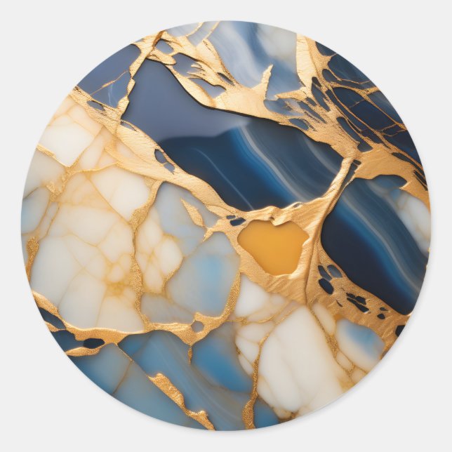 Pegatina Redonda Mármol azul y blanco elegante (Anverso)
