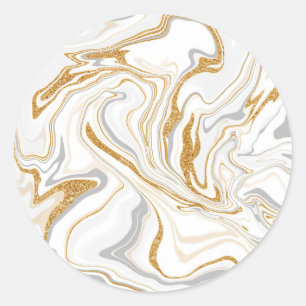 Pegatina Redonda Mármol blanco, dorado y gris como el arte fluido d