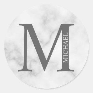 Pegatina Redonda Mármol Blanco Monograma Personalizado y Nombre