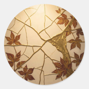 Pegatina Redonda Mármol de hojas de otoño doradas Kintsugi