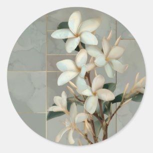 Pegatina Redonda Mármol de Línea Dorada con Flor de Magnolia Blanca