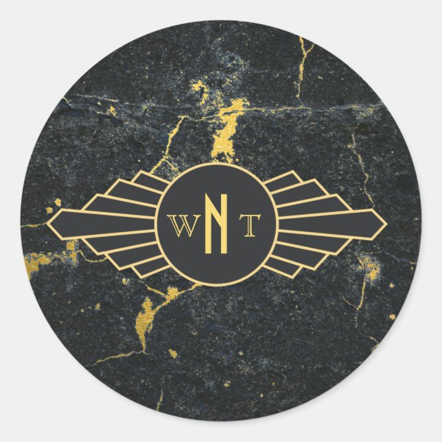 Pegatina Redonda Mármol de oro negro tres letras Monograma Art Deco (Anverso)