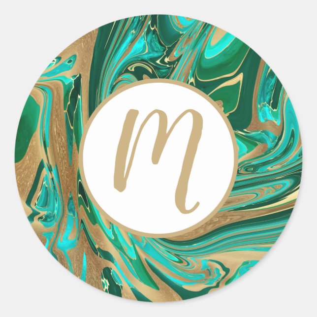 Pegatina Redonda Mármol líquido verde y dorado (Anverso)