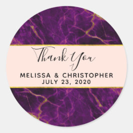 Pegatina Redonda Mármol morado y dorado Boda moderno