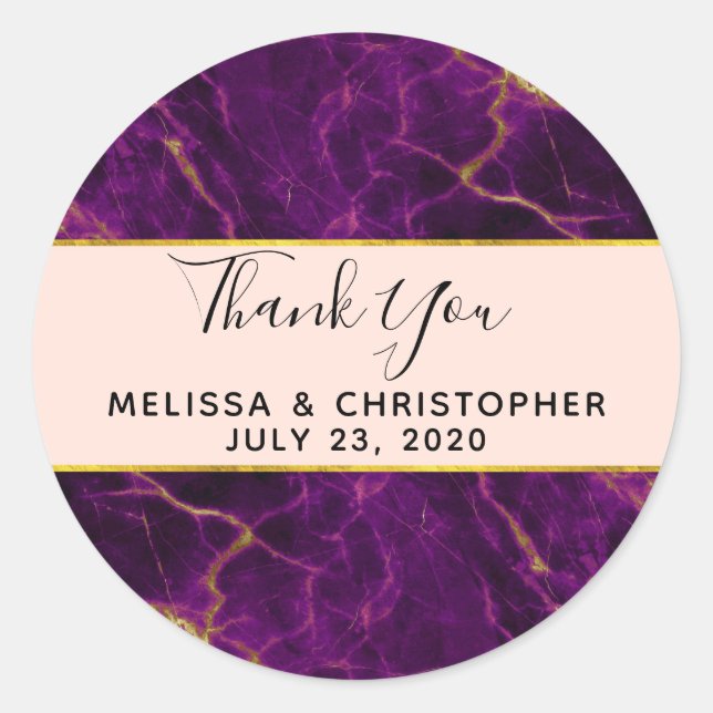 Pegatina Redonda Mármol morado y dorado Boda moderno (Anverso)