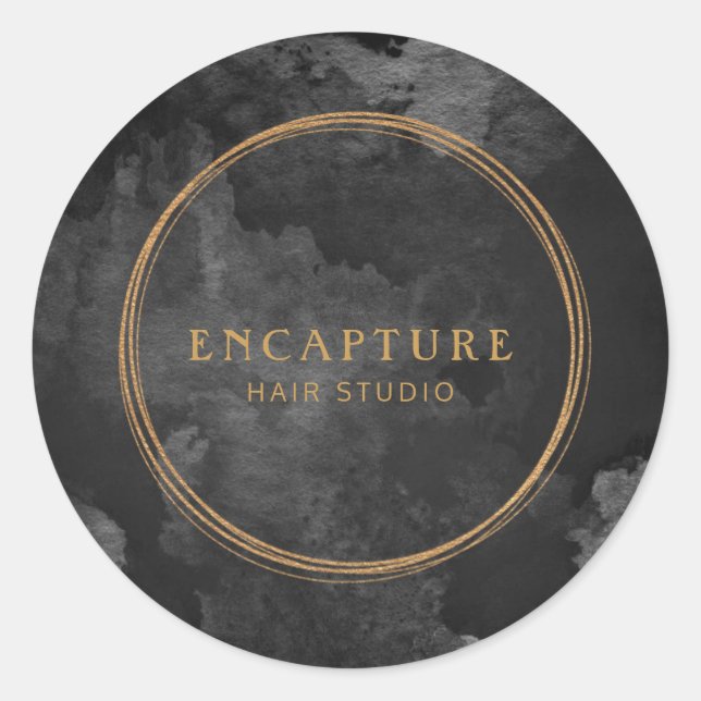 Pegatina Redonda Mármol negro y metal dorado (Anverso)