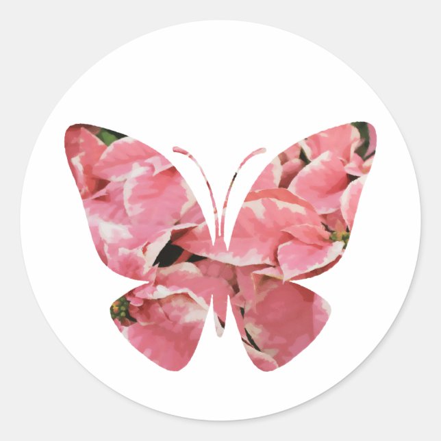 Pegatina Redonda Mármol rosa de invierno Poinsettia mariposa flor (Anverso)