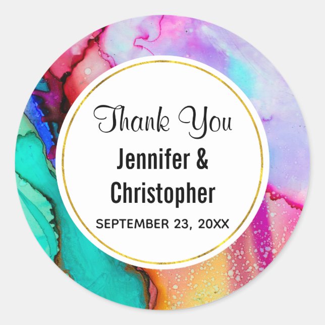 Pegatina Redonda Mármol rosa y turquesa abstracto acuarela (Anverso)