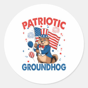 Pegatina Redonda Marmota Patriótica Bandera Americana 4 De Julio