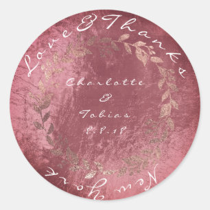 Pegatina Redonda Maroon Burgundy Rosa Boda de oro gracias Metálico