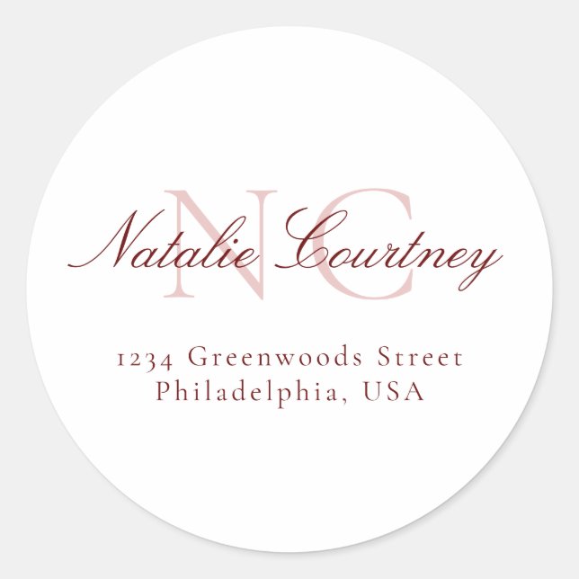 Pegatina Redonda Maroon clásico Minimalista de dos monogramas (Anverso)