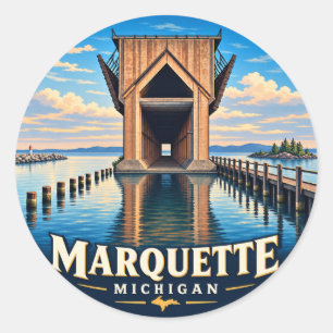 Pegatina Redonda Marquette Michigan Muelle de Mineral – Vintage Rou