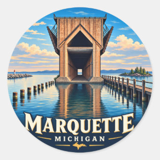 Pegatina Redonda Marquette Michigan Muelle de Mineral – Vintage Rou